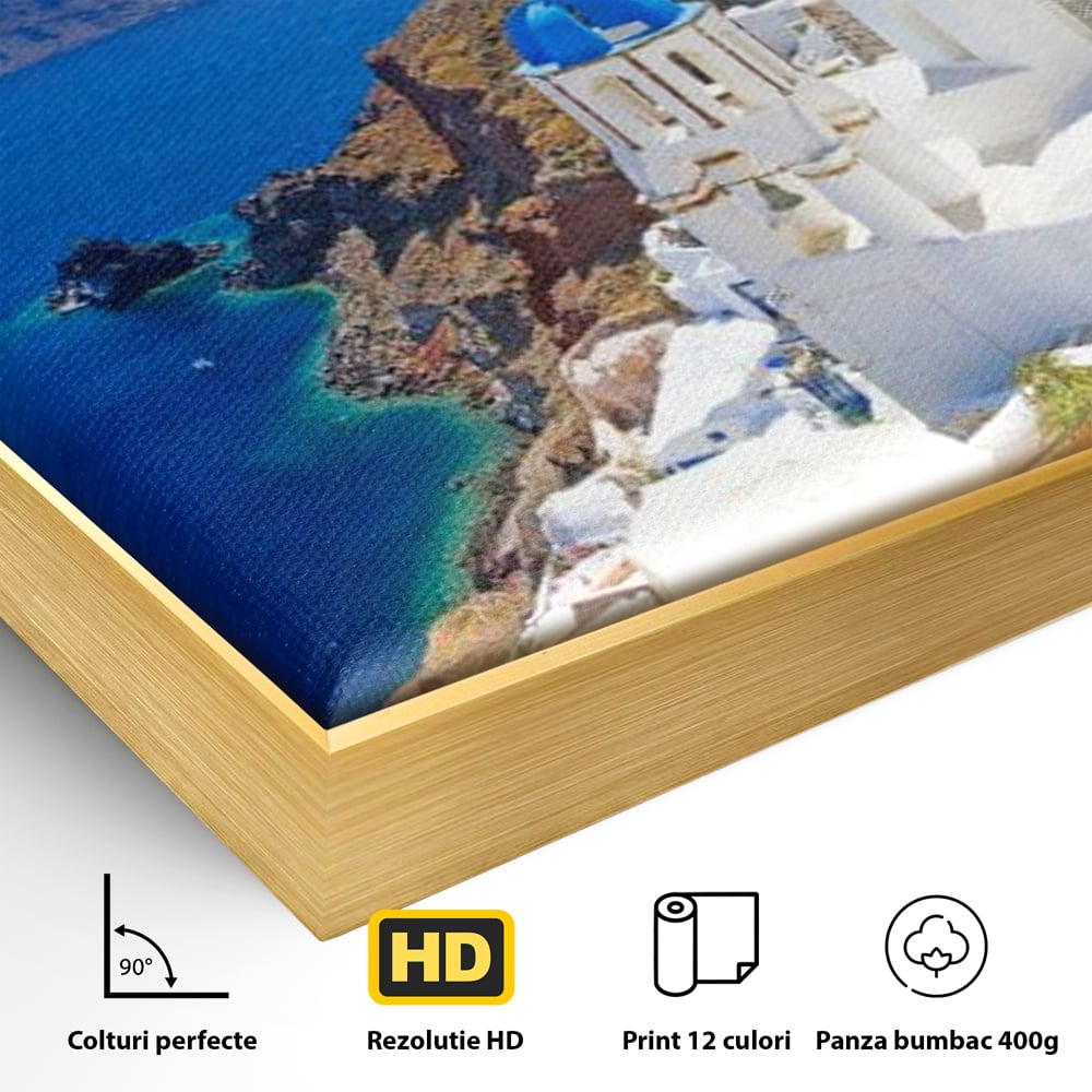 Detaliu al suprafetei: tablou canvas cu peisaj din santorini, in rama de aluminiu auriu